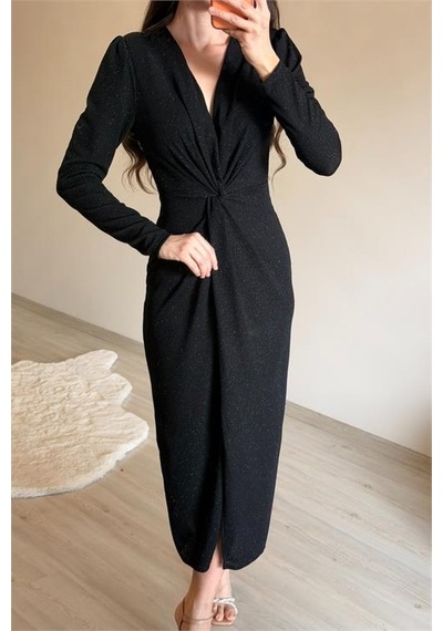 Neşeli Butik Kadın Siyah Bel Büzgü Detaylı Yırtmaçlı Midi Boy Abiye Elbise Nm027 Siyah