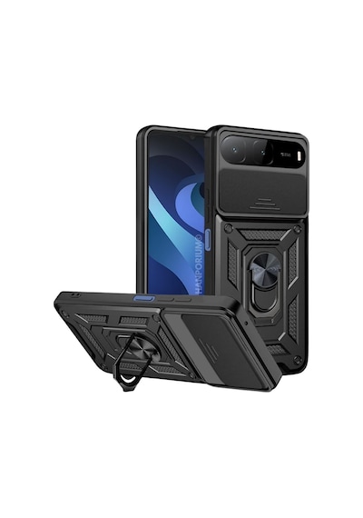Tecno Spark 40 5g Uyumlu Tank Kılıf Yüzük Standlı Tam Darbe Koruma Zırhlı Outdoor Kapak Siyah