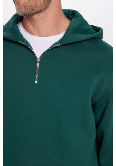 Tudors Unisex Relax Fit Rahat Kesim Pamuklu İçi Polarlı Yarım Fermuarlı Haki Kapüşonlu Sweatshirt-32460 Haki