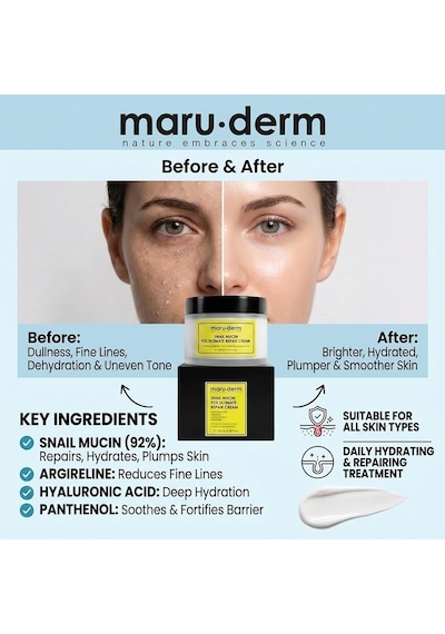 Maruderm Snail Mucin Ultimate Repair Cream %92 Salyangoz Özlü Yoğun Nemlendirici Ve Besleyici Yüz Kremi, Peptit & Hyalüronik Asit İle, 100 Ml