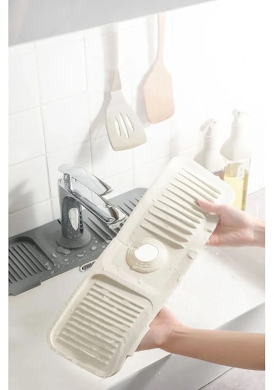 Rotanev Beyaz Elastik Musluk Matı Su Tutucu Düzenleyici Kaydırmaz Taban Organizer Mutfak Banyo Lavabo