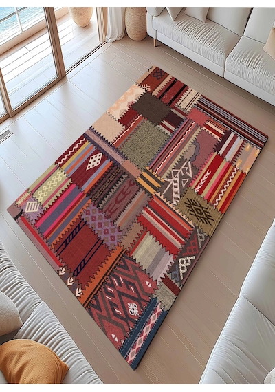 Patcwork Desen Renkli Modern Halı Dekoratif Kilim Bordo