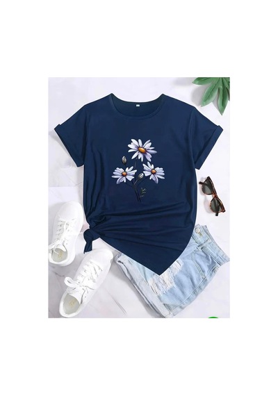 Medinenur Papatya Desenli Basic T-shirt Lacivert