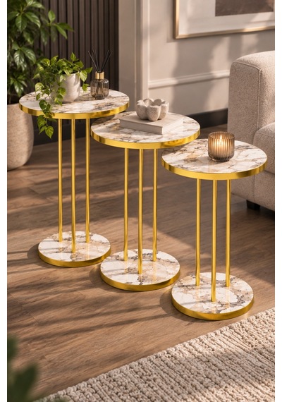 Sulorahome Efes Mermer Desenli Beyaz Ve Gold Metal Ayaklı 3'lü Zigon Sehpa Takımı Tablalar Beyaz Mermer / Ayaklar Gold