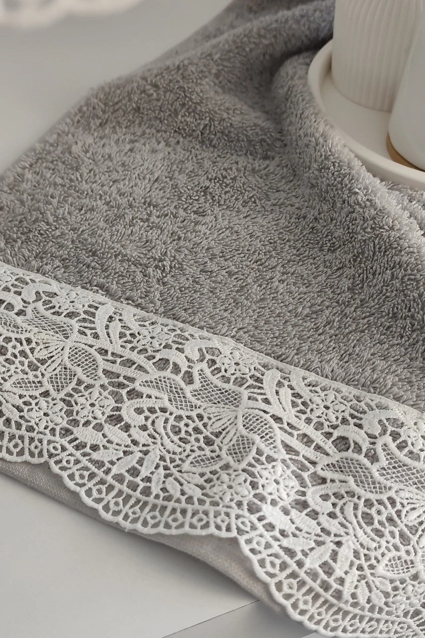 Gipürlü Gelin Banyo Havlu Takımı Grı Gri