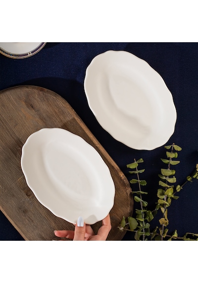 Porsima 4462 Gonca Porselen Kayık Tabak Seti - Oval Kahvaltılık Sunumluk Seti 20cm Beyaz
