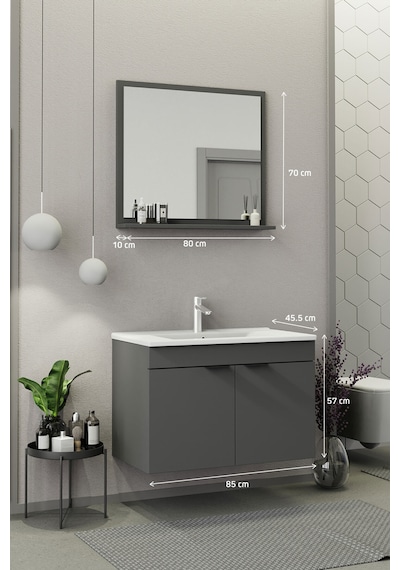 Biani Fix Arya 85 Cm Banyo Dolabı,Seramik Lavabolu, Aynalı,Lavabo Dahil,Mdf,Mat Gri