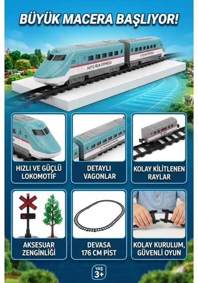 Büyük Hızlı Tren Seti 31 Parça 176 Cm Demiryolu Uzunluğu İle Tren Ve Raylı Oyun Seti