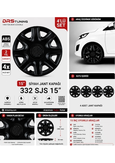 Alfa Romeo Uyumlu 15 Inc Kırılmaz Parlak Siyah Jant Kapağı 1 Takım 4 Adet No:332