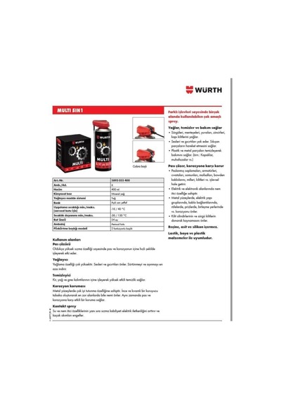 Würth Multi 5İn1 Çok Amaçlı Temizleme Yağlama Pas Önleyici Bakım Spreyi 400 Ml