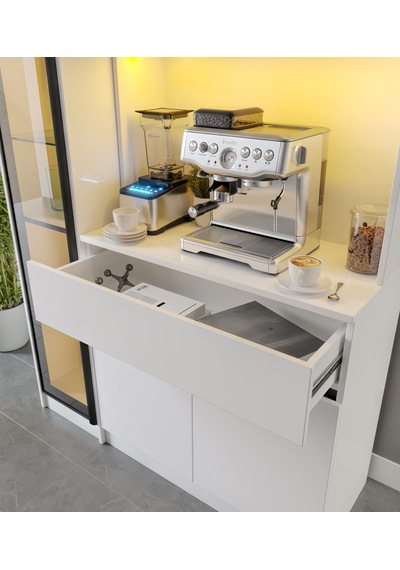 Moon Midi Sol Vitrinli Kahve Köşesi Komple Mdf Led Mutfak Dolabı Beyaz
