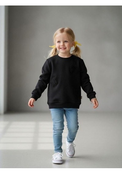 Kız Çocuk Kelebek Desenli Sweatshirt-16229 Siyah
