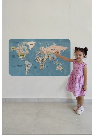 Türkçe Eğitici Ülke Ve Başkent Okyanus Detaylı Atlası Dünya Haritası Duvar Sticker-85x130-3836 Çok Renkli