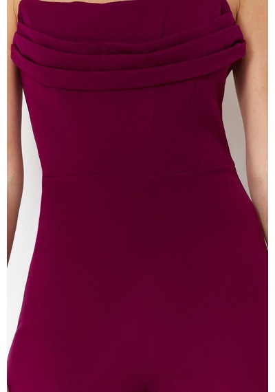Ersefa Kadın Moda Standart Kol Geniş Paça Straplez Düz Desen Regular Kor Mürdüm