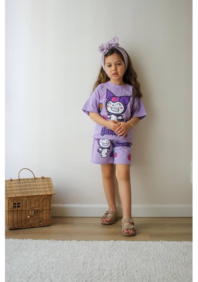 Miniko Kids Kız Çocuk Kuromi Modelli Bisiklet Yaka Pamuk Şortlu Takım Lila