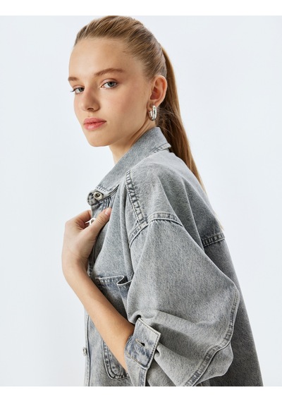 Koton Oversize Düğmeli Cep Detaylı Yıkamalı Denim Shacket Gri 5sal60007md Gri