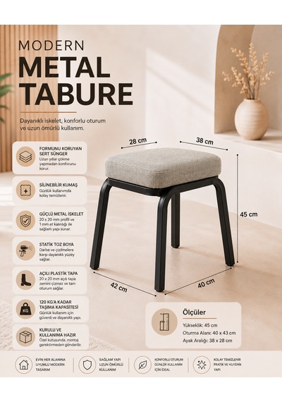 Metal Tabure - 4 Adet Siyah Açık Kahverengi