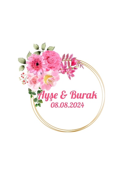 Dörtgen Çiçekli Çelenk Etiketi Kına Nişan Düğün 3x3 Cm Özel Etiket / 50 Adet Sticker Beyaz