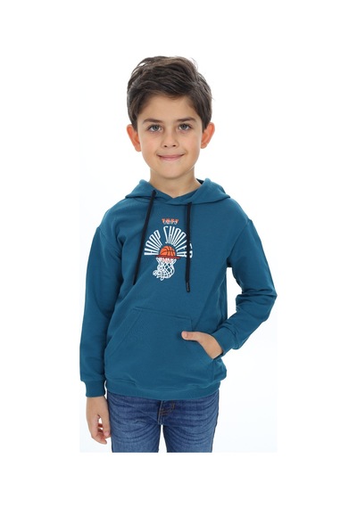 Toontoy Kids Erkek Çocuk Relax Fit Kapüşonlu Cepli Hafif Düşük Omuz Baskılı Sweatshirt Petrol Mavi