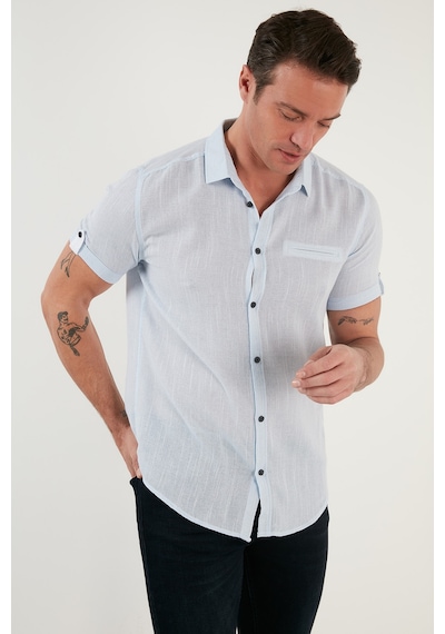 Buratti % 100 Pamuk Keten Görünümlü Slim Fit Kısa Kollu Erkek Gömlek Cf21S111766 Mavi