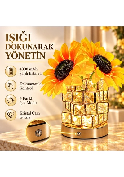 Valkyrie Kristal Cam Ayçiçekli Şarjlı Dekoratif Masa Lambası 4000 Mah Dokunmatik 3 Işık Modlu Sarı