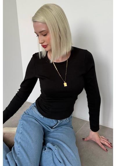 Madmext Siyah Bisiklet Yaka Slim Fit Kadın Body Mg2564 Siyah