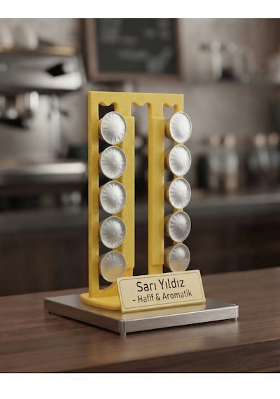3d Tasarım Nespresso Uyumlu Kahve Kapsül Standı - Kafe Tipi Döner Ve Çubuklu Tutucu Sarı