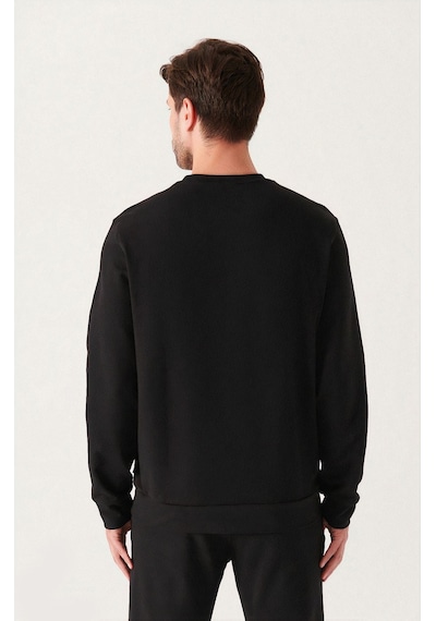 Unisex Oversize Minimal Bear Baskılı Bisiklet Yaka Siyah Sweatshirt Siyah