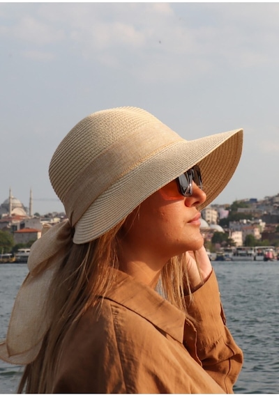 Uniquetrenders Kadın Organik Hasır Fiyonklu Şapka Bej