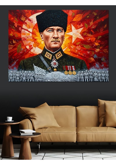 Türk Bayrağı Mareşal Mustafa Kemal Atatürk Ve Kahraman Türk Askeri Dekoratif Kanvas - Mdf Ahşap Tablo