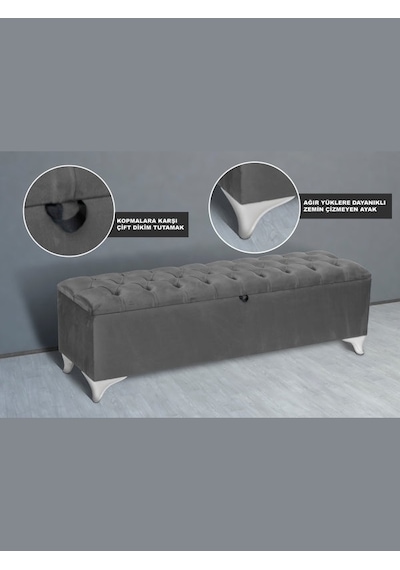 Vetra Sandıklı Bench Puf, Beyaz Gri