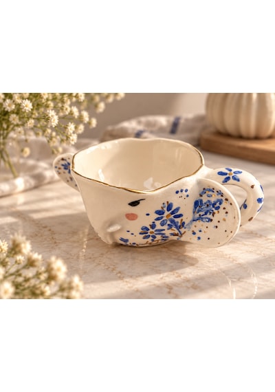 Floral Fil Kupa El Yapımı Seramik Altın - Mavi