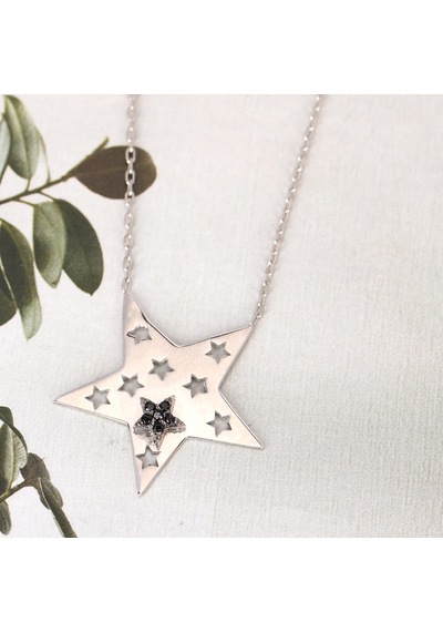 Zirkon Taşlı Yıldız Desenli Gümüş Kaplamalı Gümüş Kolye Gold - Rose Gold - Gümüş