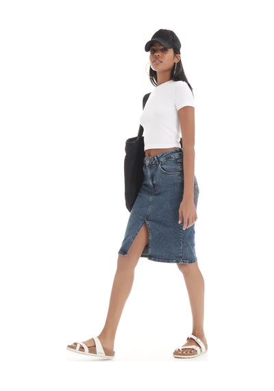 Itsbasic Kadın Tint Kot Rengi Erica Midi Boy Yüksek Bel Yırtmaçlı Jean Etek