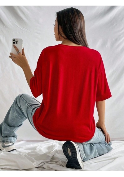 Flood Of Style Kadın Kırmızı Baseball Baskılı Oversize Bisiklet Yaka Tişört