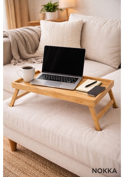 Nokka Katlanabilir Bambu Yatak Masası 50x30 Cm Laptop & Kahvaltı Sehpası Açılır Kapanır Ayaklı Çalışma Masası Renksiz
