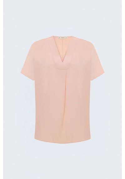 Sateen Geniş Kısa Kollu Bluz - Pudra-137801