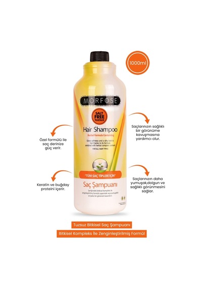 Morfose Besleyici Bitkisel Şampuan - Tuzsuz Formül, Tüm Saç Tipleri İçin Keratin Ve Buğday Proteini, 1000 Ml