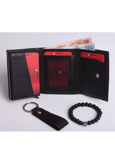 Ozka Leather Collection Kişiye Özel Yeni Trend Otomatik Mekanizmalı Cüzdan - Anahtarlık Ve Bileklik Hediyeli Siyah