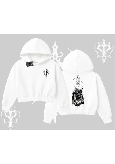 Dj Kedi Baskılı Müzik Temalı Kapşonlu Crop Sweatshirt Beyaz