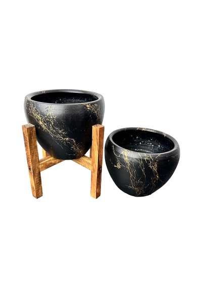 BİTKİ TASARIMI EV DEKORASYON SİYAH ÜZERİ GOLD MERMER EFEKTLİ TOPRAK SAKSI SAKSILIK SALON ÇİÇEKLİK İKİLİ SET AYAKSIZ - 4 AYAKLI- 15 CM