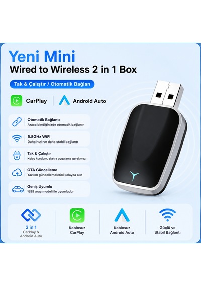 Triline Kablosuz Carplay Android Auto Mini 2in1 Usb Wireless Carplay Dönüştürücü Type-c Otg Destekli Diğer