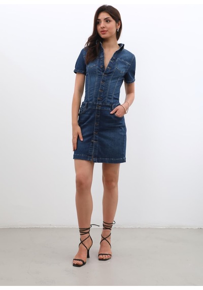 Banny Jeans Kadın Boydan Düğmeli Jean Elbise Koyu Mavi