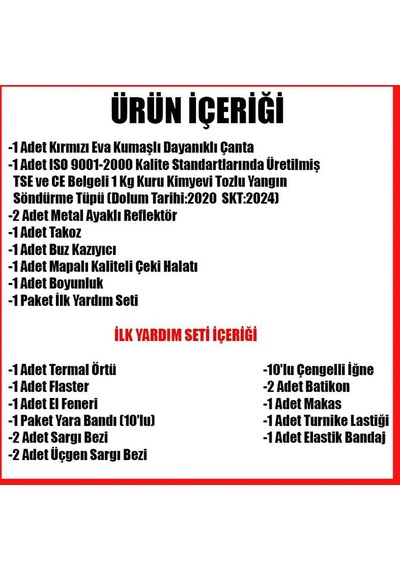 Eva Çantalı Trafik İlkyardım Seti yangın Tüpü Dolu İçerik