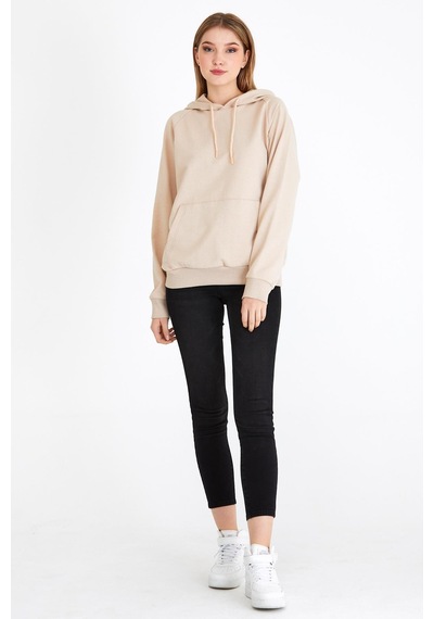 Comeor Kadın Bej Basic Kapüşonlu Regular Fit Rahat Sweatshirt 001