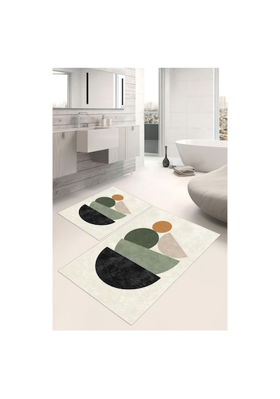 Dijital Baskı Art Seri Kaymaz Taban 2li Set Banyo Paspası Klozet Takımı 50x60cm-60x100cm krem