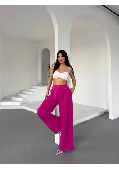 Modadua Yüksek Bel Bol Paça Dökümlü Kumaş Pantolon-pembe Çok Renkli