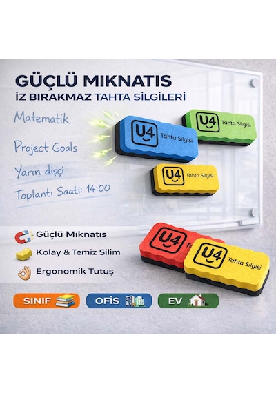 Renkli Eva Sünger Mıknatıslı Tahta Silgisi Ebat: 10,5 Cm X 5,6 Cm X 2 Cm 1 Adet Yeşil