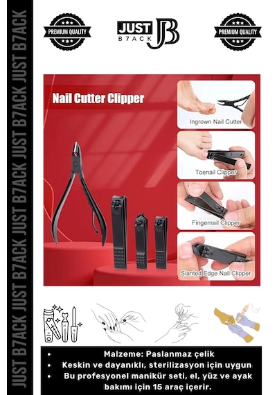 Just B7ack Paslanmaz Çelik Profesyonel Manikür Seti 15'li