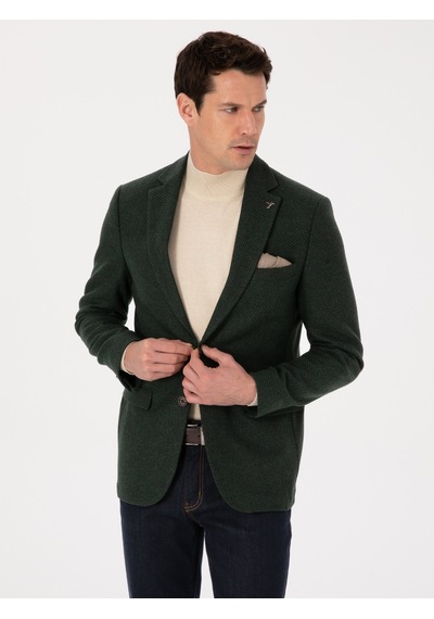 Cacharel Haki Slim Fit Yün Karışımlı Mikro Desenli Ceket Yesıl